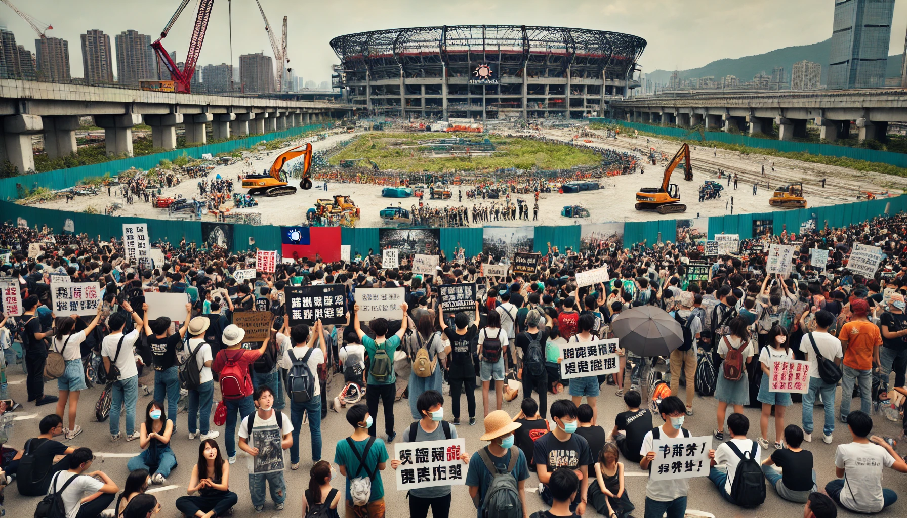 DALL·E 2024 08 01 10.42.52 A protest scene against the construction of a baseball stadium. The protesters primarily Taiwanese people are gathered outside an urban area holdin