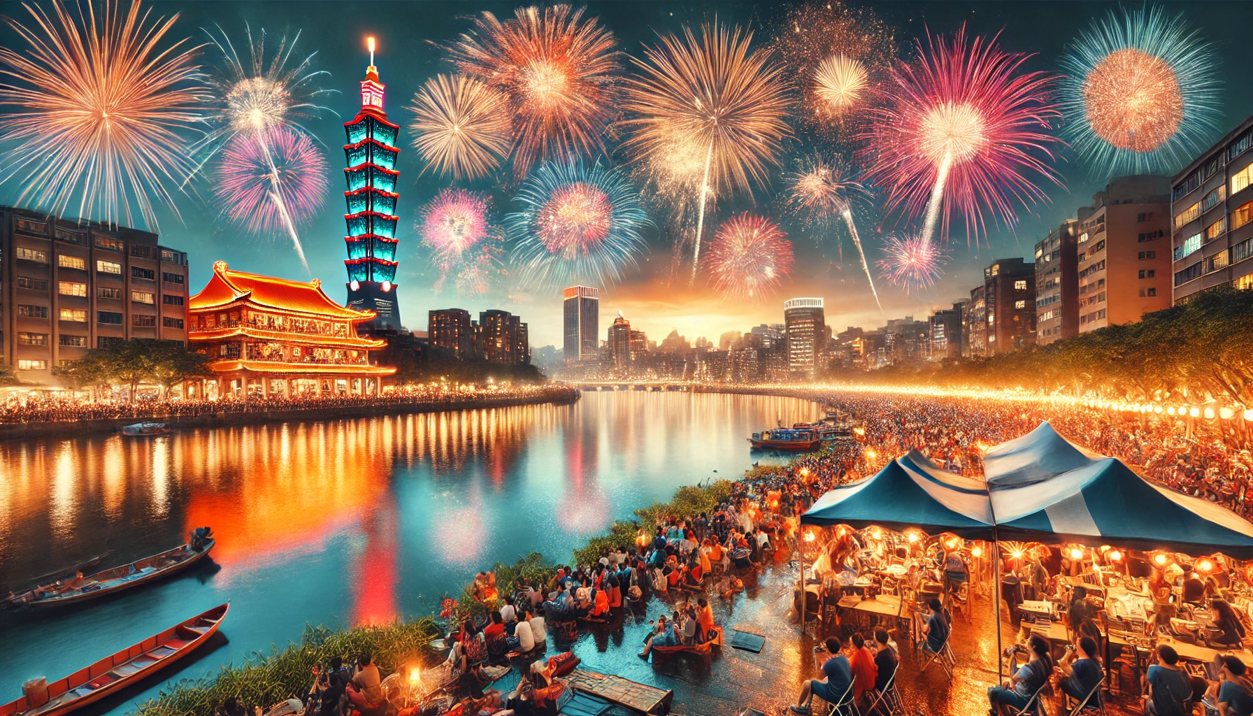 DALL·E 2024 08 01 10.55.55 A vibrant fireworks display over the Dadaocheng area a historic district in Taipei Taiwan. The scene captures the lively atmosphere of the Dadaochen